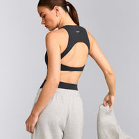 SoftMotion™ High Neck Sports Bra with Grey Logo | Coal