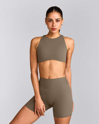 SoftMotion™ High Neck Sports Bra with Grey Logo | Moss Brown