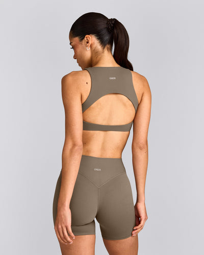SoftMotion™ High Neck Sports Bra with Grey Logo | Moss Brown