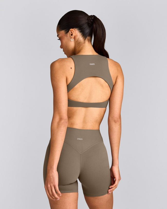 SoftMotion™ High Neck Sports Bra with Grey Logo | Moss Brown