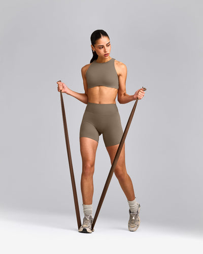 SoftMotion™ High Neck Sports Bra with Grey Logo | Moss Brown