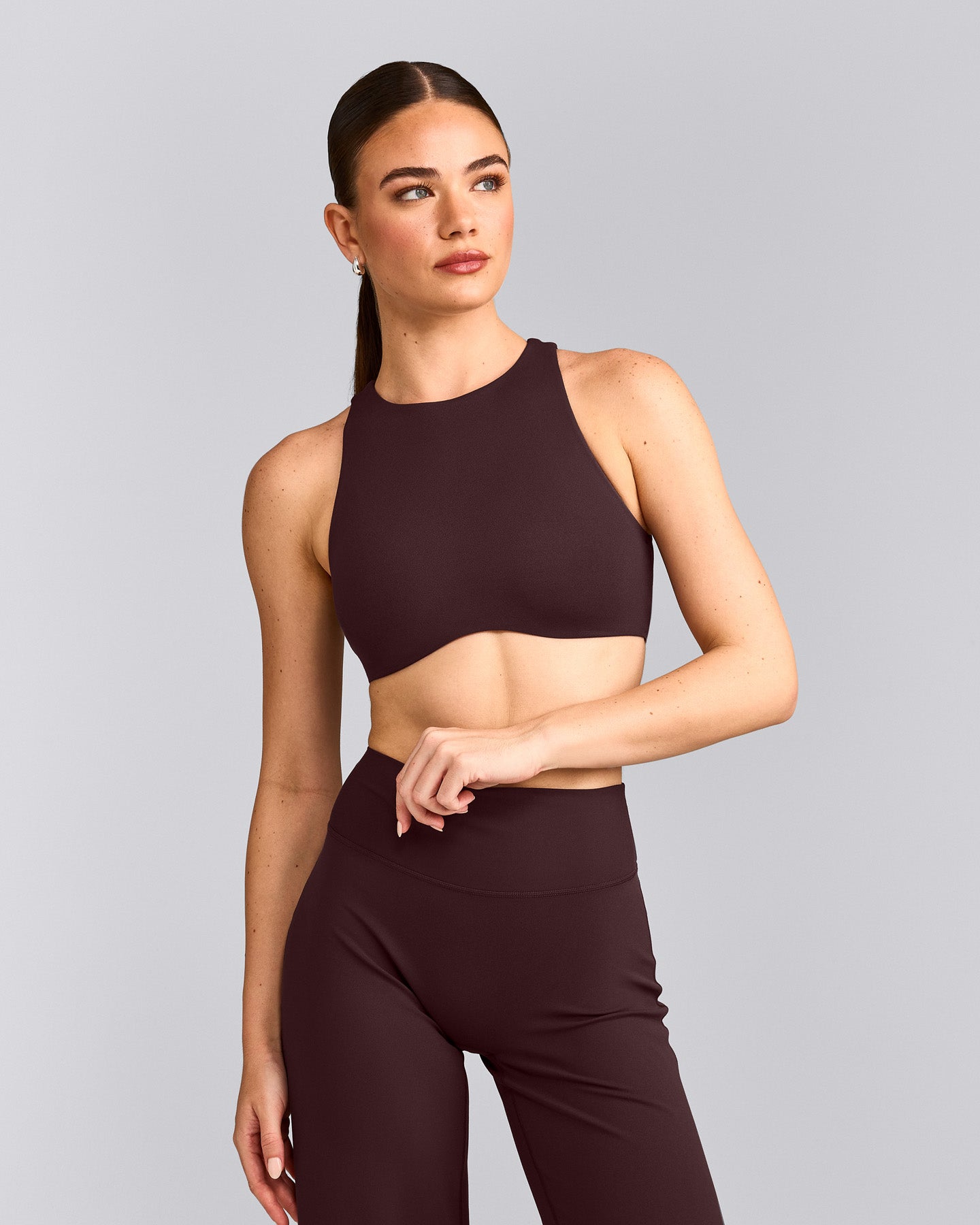 SoftMotion™ High Neck Sports Bra with Grey Logo | Plum Brown