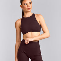SoftMotion™ High Neck Sports Bra with Grey Logo | Plum Brown