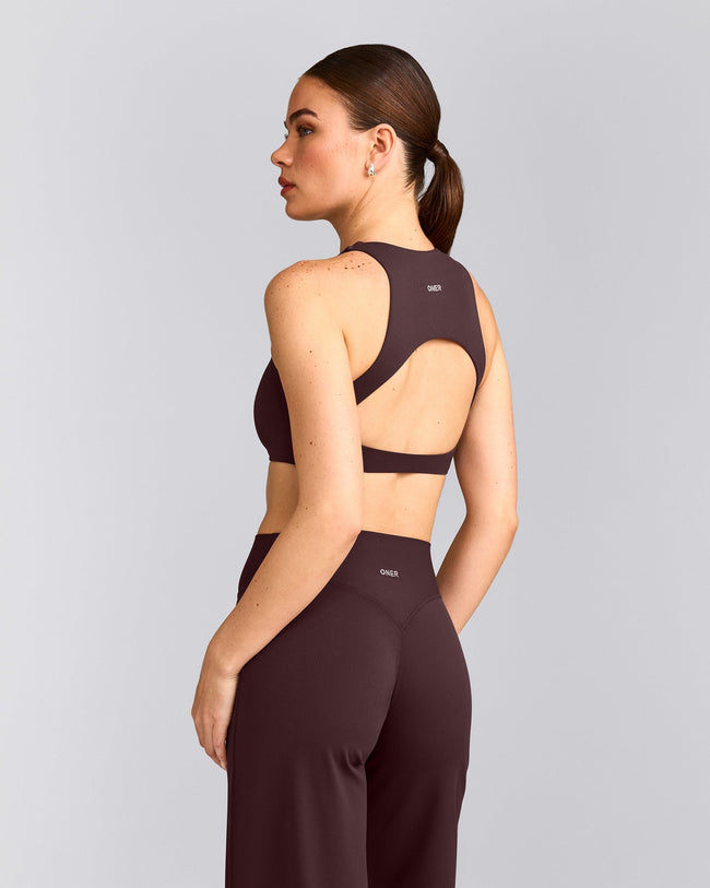 SoftMotion™ High Neck Sports Bra with Grey Logo | Plum Brown