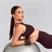 SoftMotion™ High Neck Sports Bra with Grey Logo | Plum Brown