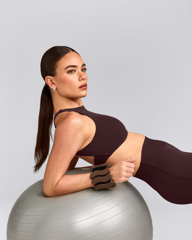 SoftMotion™ High Neck Sports Bra with Grey Logo | Plum Brown