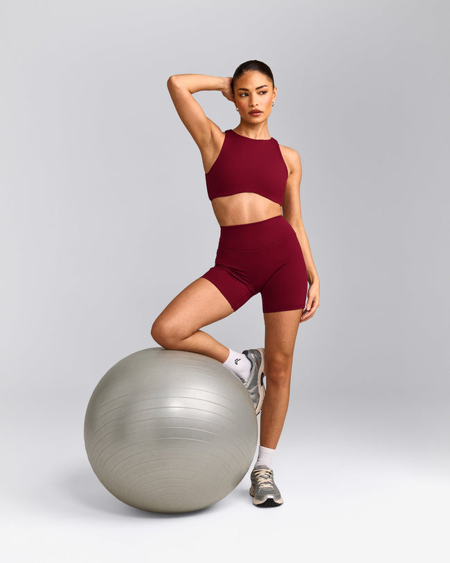 SoftMotion™ High Neck Sports Bra with Grey Logo | Ruby Red