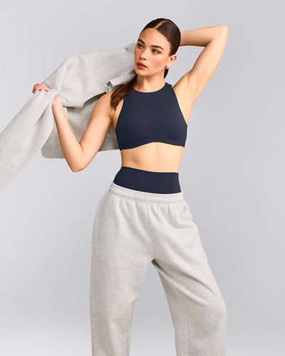 SoftMotion™ High Neck Sports Bra with Grey Logo | True Blue