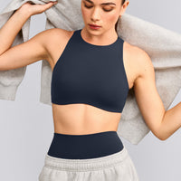 SoftMotion™ High Neck Sports Bra with Grey Logo | True Blue
