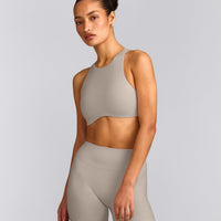 SoftMotion™ High Neck Sports Bra with White Logo | Warm Sand