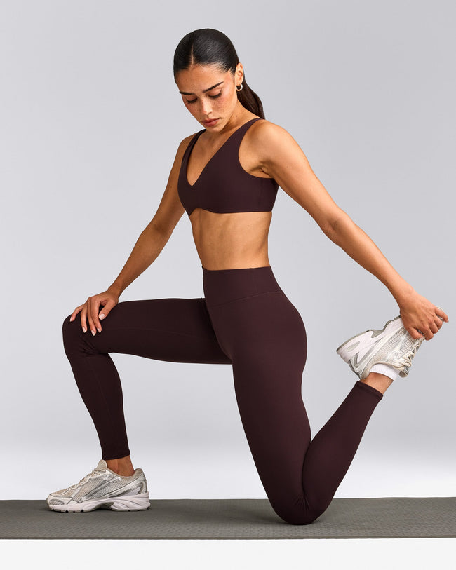 SoftMotion™ High Waisted Leggings with Grey Logo | Plum Brown