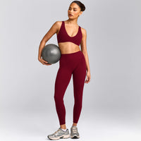 SoftMotion™ High Waisted Leggings with Grey Logo | Ruby Red