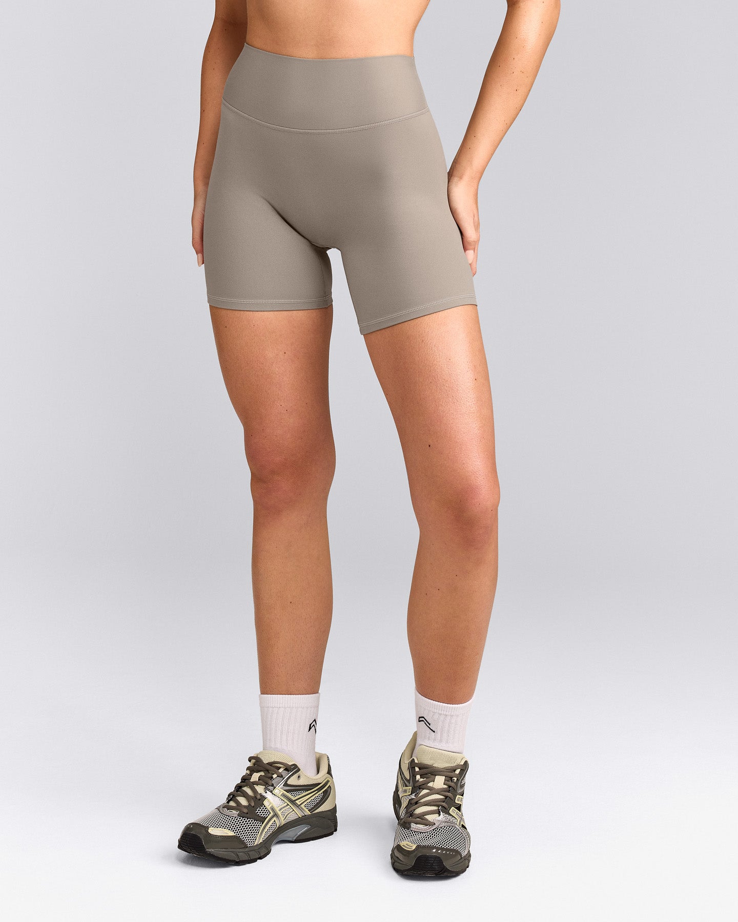 SoftMotion™ High Waisted Shorts 6" with White Logo | Warm Sand