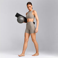 SoftMotion™ High Waisted Shorts 6" with White Logo | Warm Sand