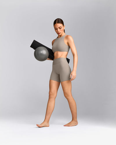 SoftMotion™ High Waisted Shorts 6" with White Logo | Warm Sand