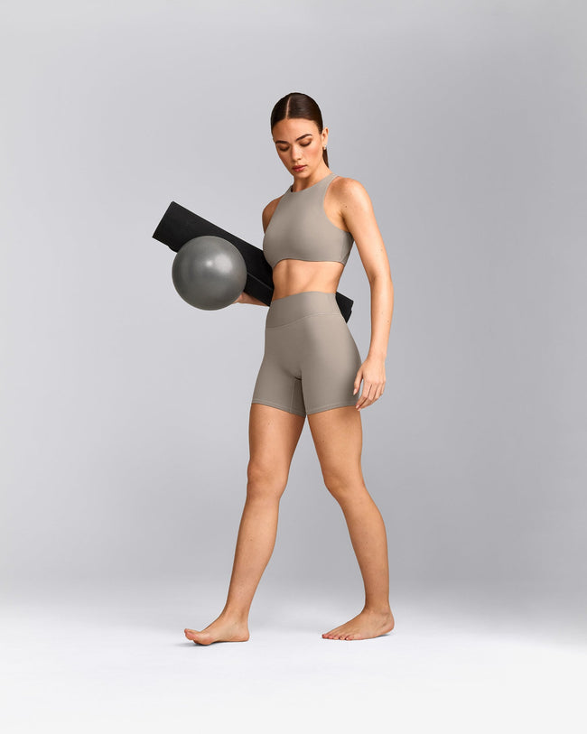 SoftMotion™ High Waisted Shorts 6" with White Logo | Warm Sand