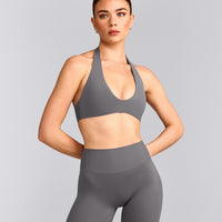 SoftMotion™ Minimal Halter Neck Bralette with Grey Logo | Ash Grey