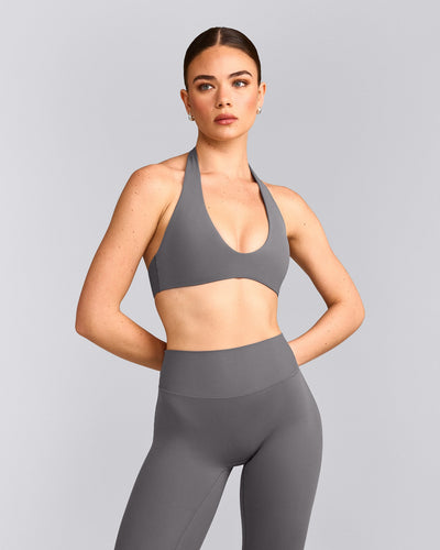 SoftMotion™ Minimal Halter Neck Bralette with Grey Logo | Ash Grey
