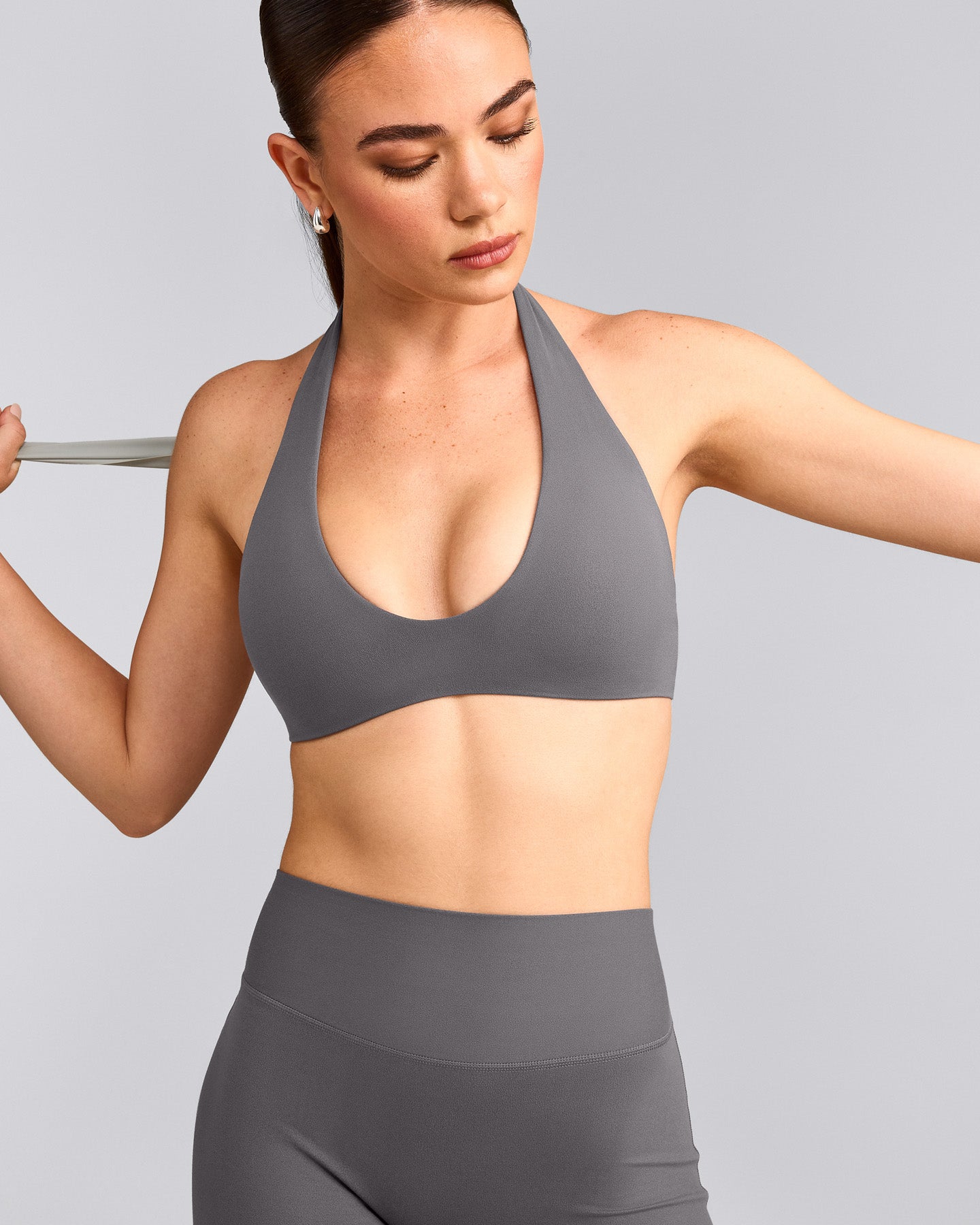 SoftMotion™ Minimal Halter Neck Bralette with Grey Logo | Ash Grey