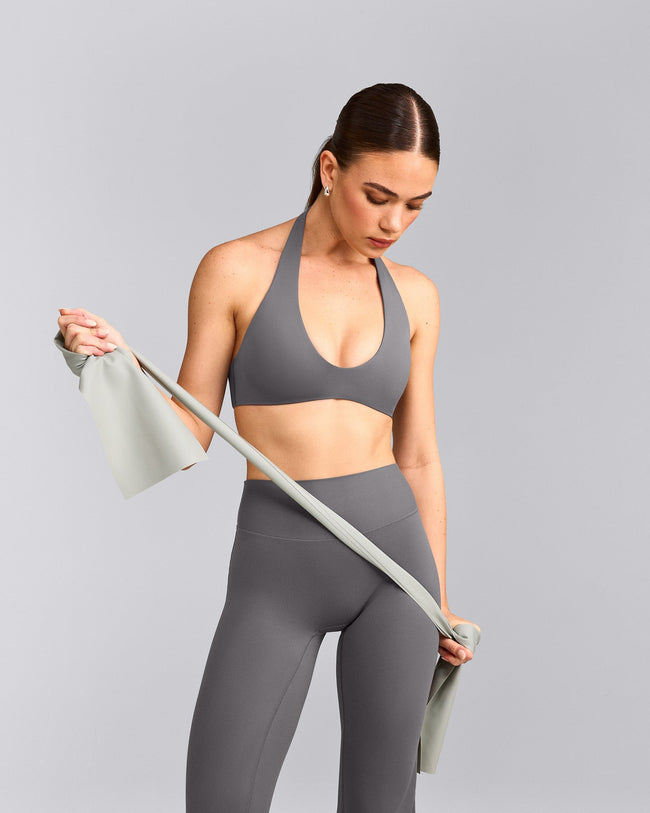 SoftMotion™ Minimal Halter Neck Bralette with Grey Logo | Ash Grey