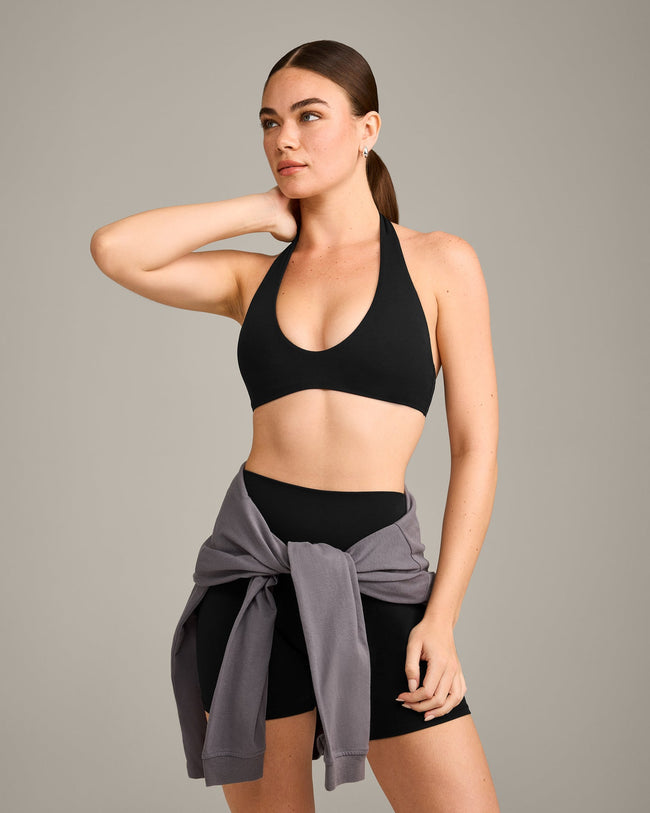 SoftMotion™ Minimal Halter Neck Bralette with Grey Logo | Black