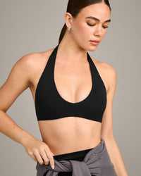 SoftMotion™ Minimal Halter Neck Bralette with Grey Logo | Black