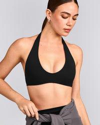 SoftMotion™ Minimal Halter Neck Bralette with Grey Logo | Black