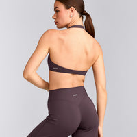SoftMotion™ Minimal Halter Neck Bralette with Grey Logo | Dark Umber Brown
