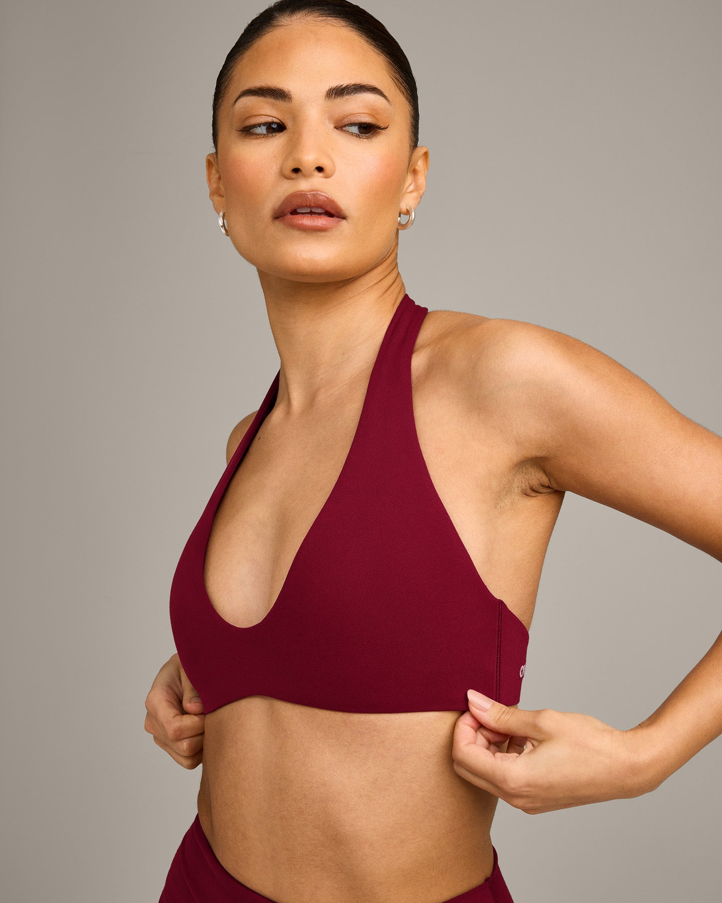 SoftMotion™ Minimal Halter Neck Bralette with Grey Logo | Ruby Red