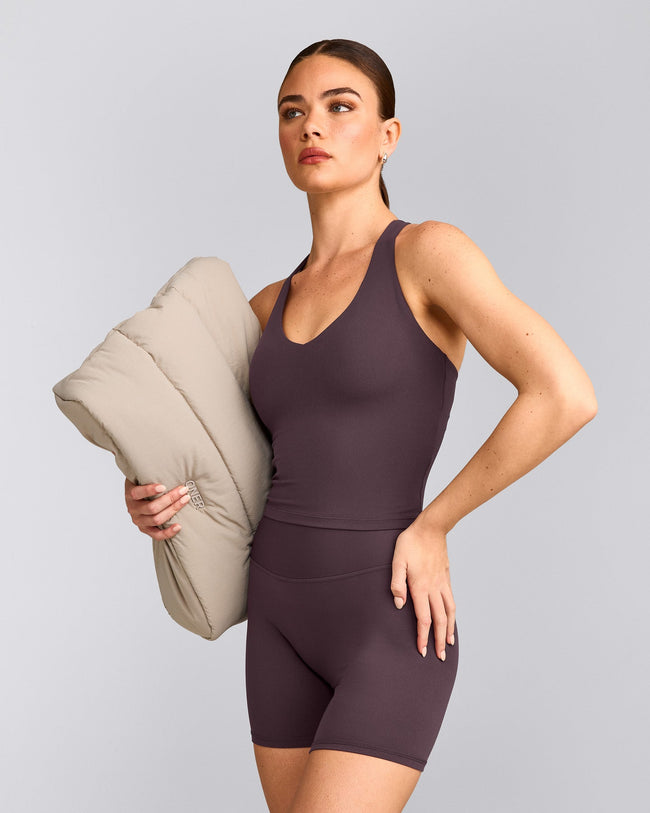 SoftMotion™ Racer Back Mid Vest with Built in Bra Shelf with Grey Logo | Dark Umber Brown