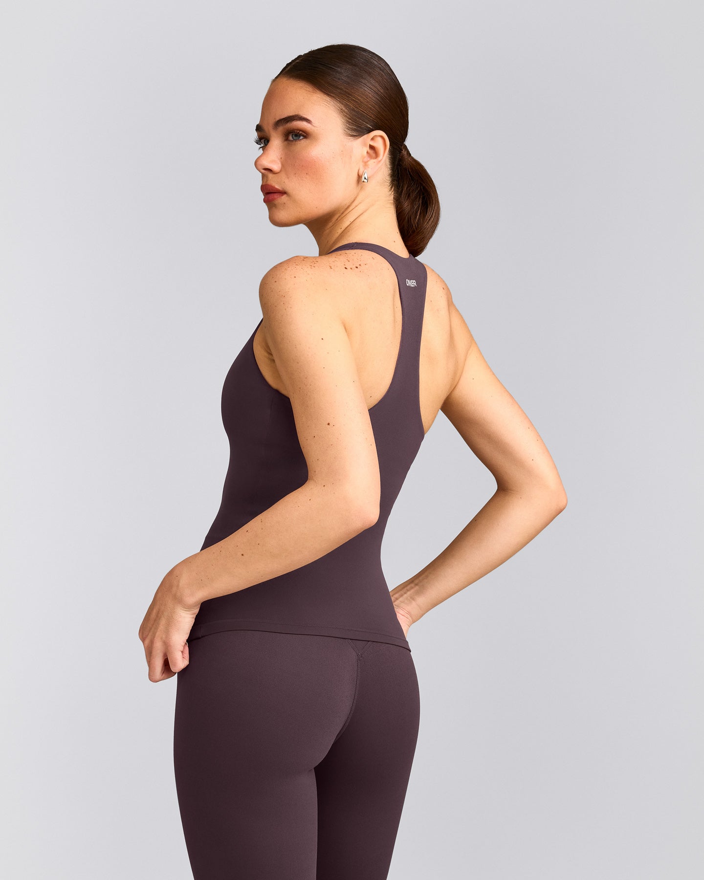 SoftMotion™ Racer Back Vest with Built in Bra Shelf with Grey Logo | Dark Umber Brown