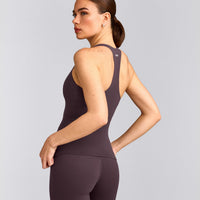 SoftMotion™ Racer Back Vest with Built in Bra Shelf with Grey Logo | Dark Umber Brown