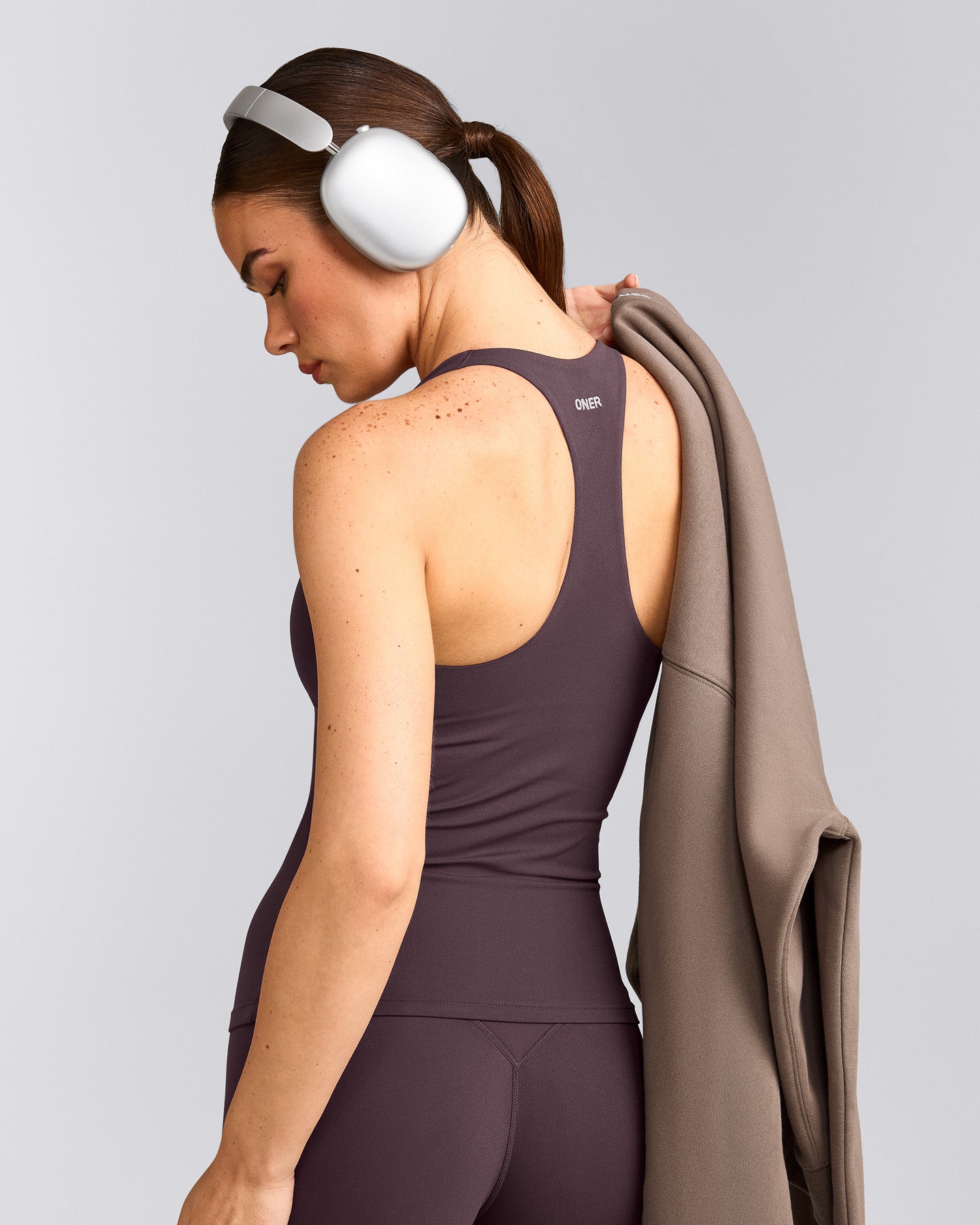 SoftMotion™ Racer Back Vest with Built in Bra Shelf with Grey Logo | Dark Umber Brown