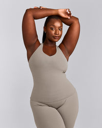 SoftMotion™ Racer Back Vest with Built in Bra Shelf with White Logo | Warm Sand