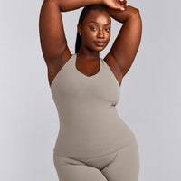 SoftMotion™ Racer Back Vest with Built in Bra Shelf with White Logo | Warm Sand
