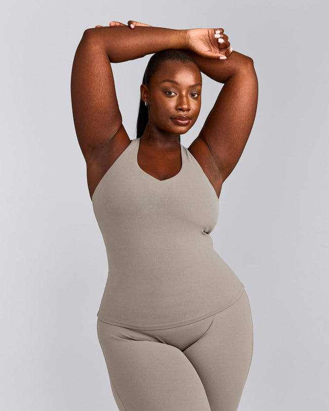 SoftMotion™ Racer Back Vest with Built in Bra Shelf with White Logo | Warm Sand