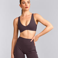 SoftMotion™ Scoop Back Bralette with Grey Logo | Dark Umber Brown