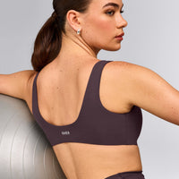 SoftMotion™ Scoop Back Bralette with Grey Logo | Dark Umber Brown