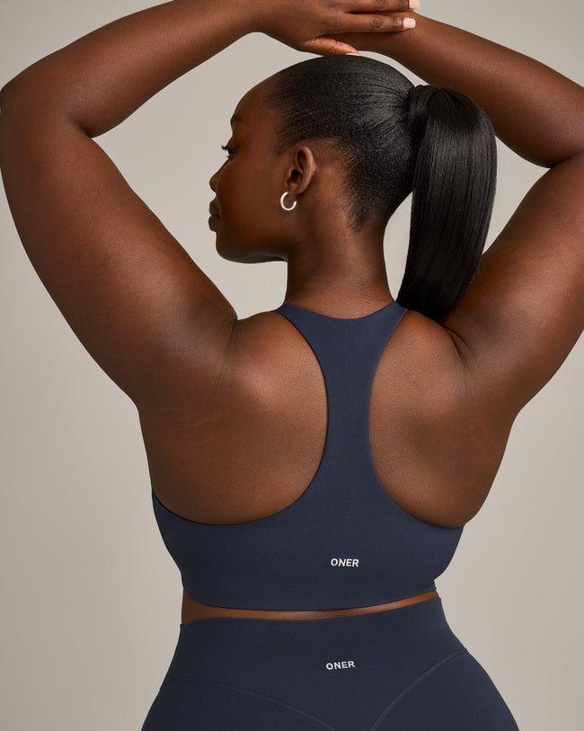 SoftMotion™ Sports Bra with Grey Logo | True Blue