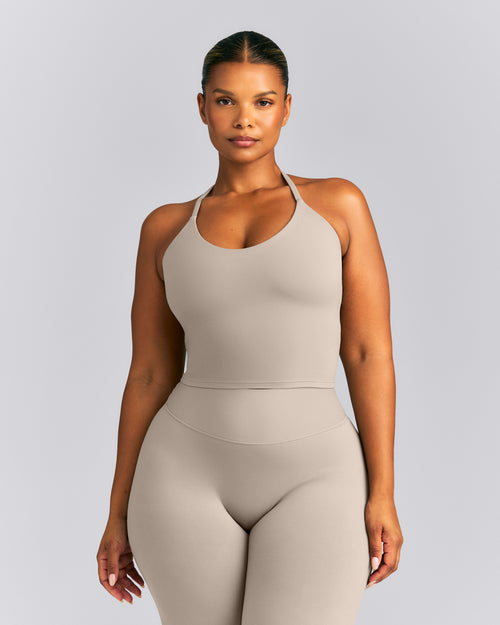 SoftMotion™ Strappy Halter Neck Mid Vest with Built in Bra Shelf | Warm Sand