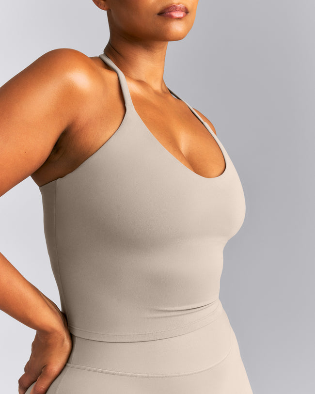 SoftMotion™ Strappy Halter Neck Mid Vest with Built in Bra Shelf | Warm Sand