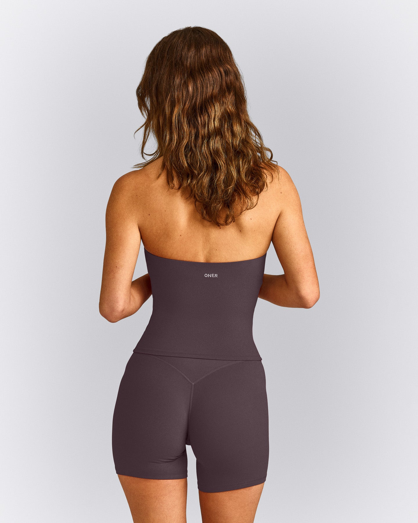 SoftMotion™ Strappy Halter Neck Tank Top with Built in Bra Shelf with Grey Logo | Dark Umber Brown
