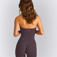 SoftMotion™ Strappy Halter Neck Tank Top with Built in Bra Shelf with Grey Logo | Dark Umber Brown