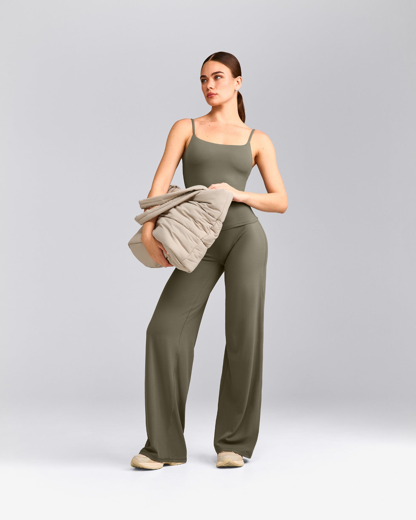 SoftMotion™ Strappy Vest with Built in Bra Shelf with Grey Logo | Alpine Green
