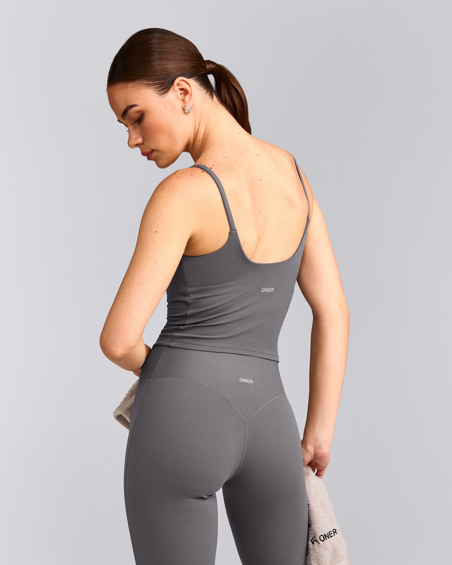 SoftMotion™ Strappy Mid Vest with Built in Bra Shelf with Grey Logo | Ash Grey