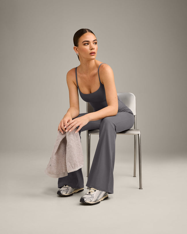 SoftMotion™ Strappy Mid Vest with Built in Bra Shelf with Grey Logo | Ash Grey