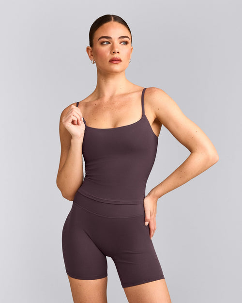 SoftMotion™ Strappy Mid Vest with Built in Bra Shelf with Grey Logo | Dark Umber Brown