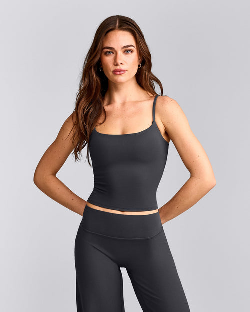 SoftMotion™ Strappy Mid Vest with Built in Bra Shelf with Grey Logo | Coal