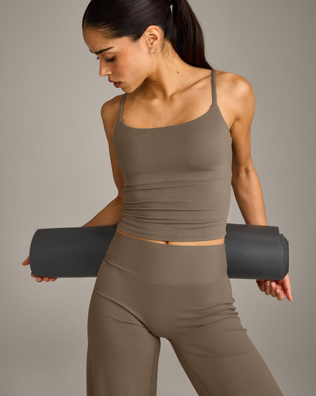 SoftMotion™ Strappy Mid Vest with Built in Bra Shelf with Grey Logo | Moss Brown
