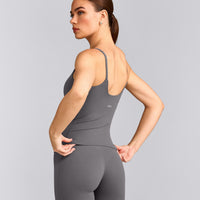 SoftMotion™ Strappy Vest with Built in Bra Shelf with Grey Logo | Ash Grey